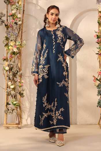 Buy_Label Niti Bothra_Blue Silk, Organza, Kota Doria, Tencel Pearls, Dark Jaal Straight Kurta Set _Online_at_Aza_Fashions