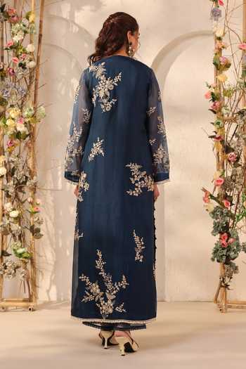 Shop_Label Niti Bothra_Blue Silk, Organza, Kota Doria, Tencel Pearls, Dark Jaal Straight Kurta Set _Online_at_Aza_Fashions