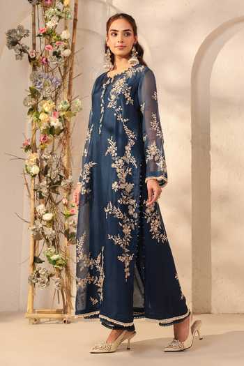 Label Niti Bothra_Blue Silk, Organza, Kota Doria, Tencel Pearls, Dark Jaal Straight Kurta Set _at_Aza_Fashions