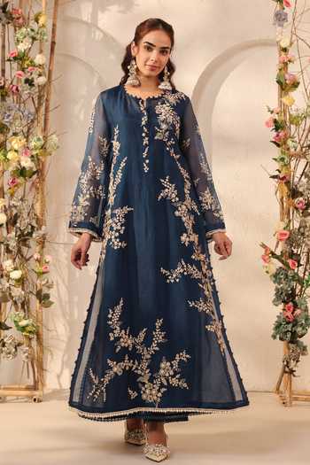 Buy_Label Niti Bothra_Blue Silk, Organza, Kota Doria, Tencel Pearls, Dark Jaal Straight Kurta Set 