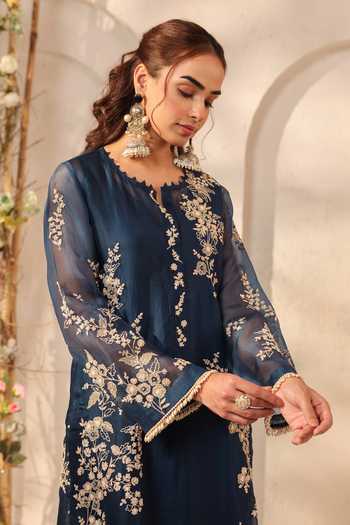 Shop_Label Niti Bothra_Blue Silk, Organza, Kota Doria, Tencel Pearls, Dark Jaal Straight Kurta Set 