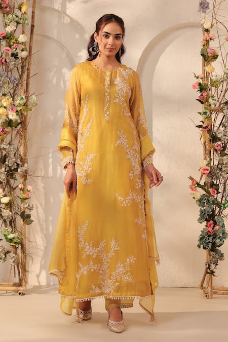 Label Niti Bothra Yellow Jaal Straight Kurta Set 