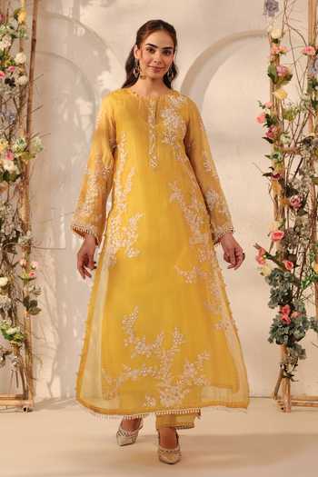 Shop_Label Niti Bothra_Yellow Silk, Organza, Tencel, Kota Doria Applique, Jaal Straight Kurta Set _Online_at_Aza_Fashions