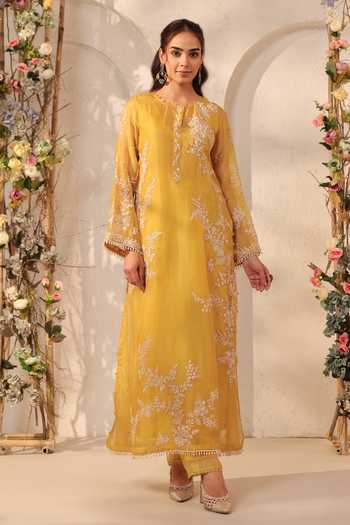 Label Niti Bothra_Yellow Silk, Organza, Tencel, Kota Doria Applique, Jaal Straight Kurta Set _at_Aza_Fashions