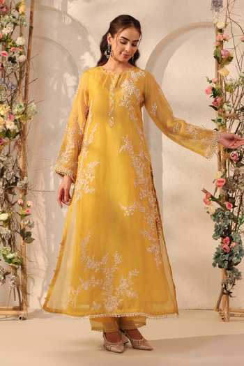 Buy_Label Niti Bothra_Yellow Silk, Organza, Tencel, Kota Doria Applique, Jaal Straight Kurta Set 