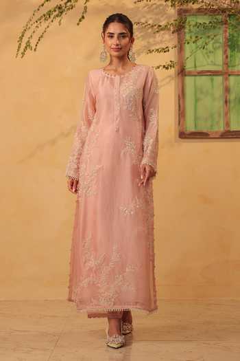 Label Niti Bothra_Pink Silk, Organza, Tencel, Kota Doria, Doriya Light Jaal Straight Kurta Set _Online_at_Aza_Fashions