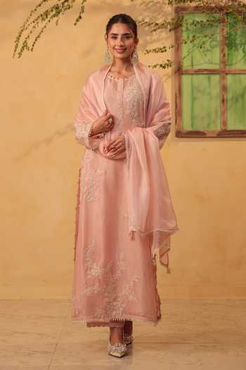Buy_Label Niti Bothra_Pink Silk, Organza, Tencel, Kota Doria, Doriya Light Jaal Straight Kurta Set _Online_at_Aza_Fashions