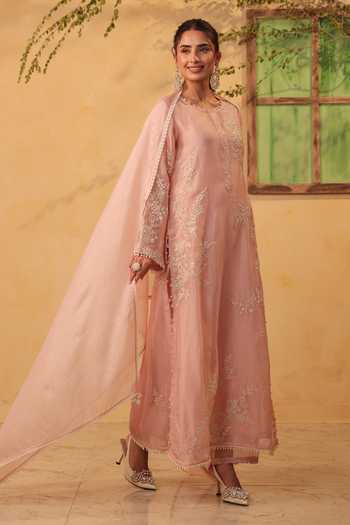 Shop_Label Niti Bothra_Pink Silk, Organza, Tencel, Kota Doria, Doriya Light Jaal Straight Kurta Set _Online_at_Aza_Fashions
