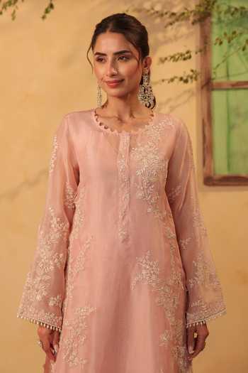 Label Niti Bothra_Pink Silk, Organza, Tencel, Kota Doria, Doriya Light Jaal Straight Kurta Set _at_Aza_Fashions