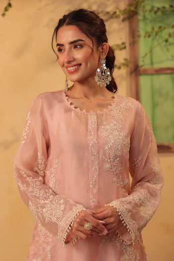 Buy_Label Niti Bothra_Pink Silk, Organza, Tencel, Kota Doria, Doriya Light Jaal Straight Kurta Set 