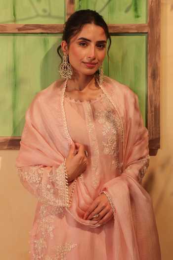 Shop_Label Niti Bothra_Pink Silk, Organza, Tencel, Kota Doria, Doriya Light Jaal Straight Kurta Set 