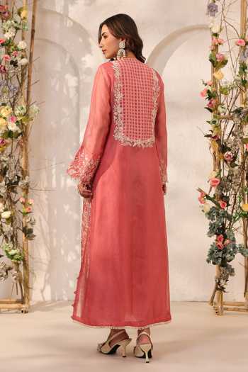 Label Niti Bothra_Pink Silk, Organza, Tencel, Kota Doria, Doriya Pearls, Embroidered Kurta Set _Online_at_Aza_Fashions