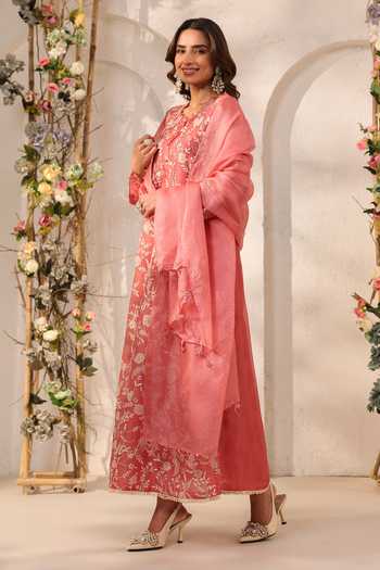 Buy_Label Niti Bothra_Pink Silk, Organza, Tencel, Kota Doria, Doriya Pearls, Embroidered Kurta Set _Online_at_Aza_Fashions