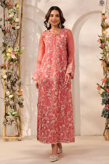 Shop_Label Niti Bothra_Pink Silk, Organza, Tencel, Kota Doria, Doriya Pearls, Embroidered Kurta Set _Online_at_Aza_Fashions