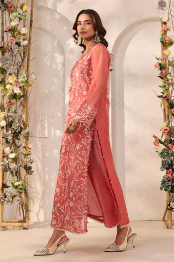 Label Niti Bothra_Pink Silk, Organza, Tencel, Kota Doria, Doriya Pearls, Embroidered Kurta Set _at_Aza_Fashions