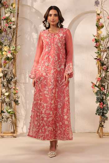 Buy_Label Niti Bothra_Pink Silk, Organza, Tencel, Kota Doria, Doriya Pearls, Embroidered Kurta Set 