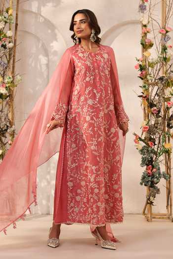 Shop_Label Niti Bothra_Pink Silk, Organza, Tencel, Kota Doria, Doriya Pearls, Embroidered Kurta Set 