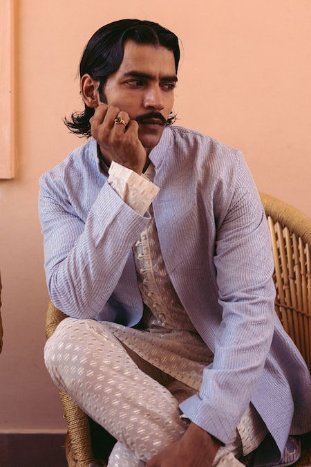 Nafs_Blue Brocade, Chanderi, Jacquard Chevron Pattern Jacket And Kurta Set _Online_at_Aza_Fashions