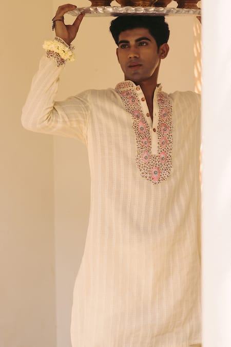 Shop_Nafs_Peach Cotton, Lurex Embroidery Rose Hand Kurta And Pant Set _Online_at_Aza_Fashions