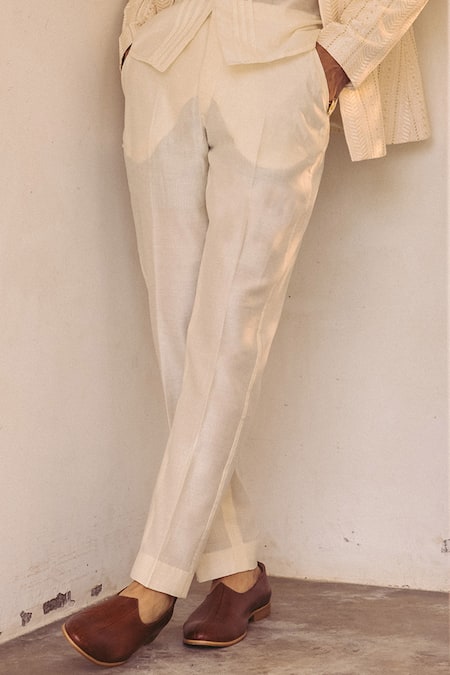 Nafs_Cream Chanderi Embroidery Jacket Pant Set _Online_at_Aza_Fashions