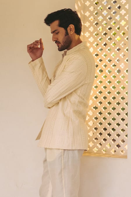 Buy_Nafs_Cream Chanderi Embroidery Jacket Pant Set _Online_at_Aza_Fashions
