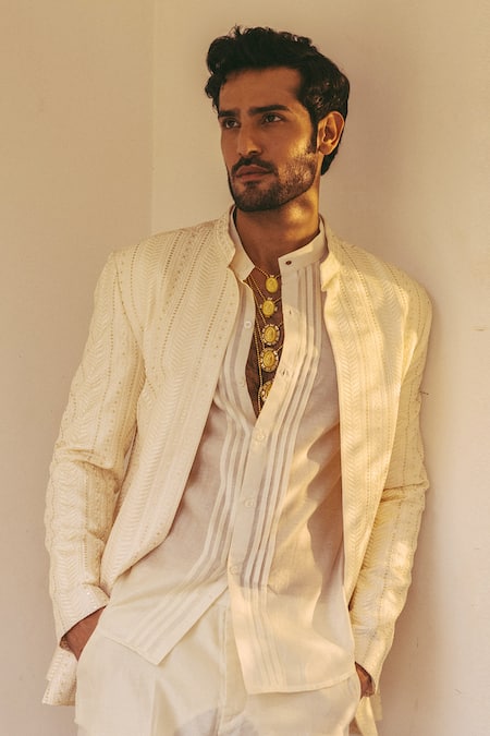 Shop_Nafs_Cream Chanderi Embroidery Jacket Pant Set _Online_at_Aza_Fashions