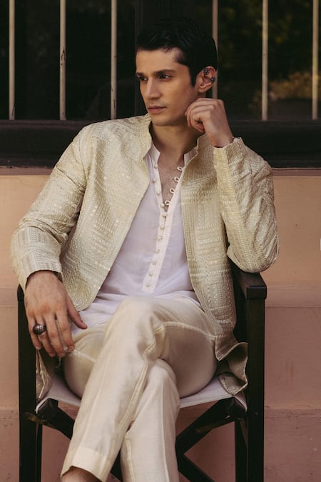 Nafs_Cream Chanderi, Silk Embroidery, Sequins Jacket With Short Kurta Set _Online_at_Aza_Fashions