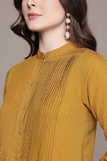 Ritu Kumar_Yellow Cotton, Viscose Band Collar Anika Solid Full Sleeves A-line Kurta _Online_at_Aza_Fashions
