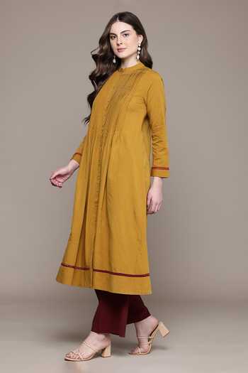 Buy_Ritu Kumar_Yellow Cotton, Viscose Band Collar Anika Solid Full Sleeves A-line Kurta _Online_at_Aza_Fashions