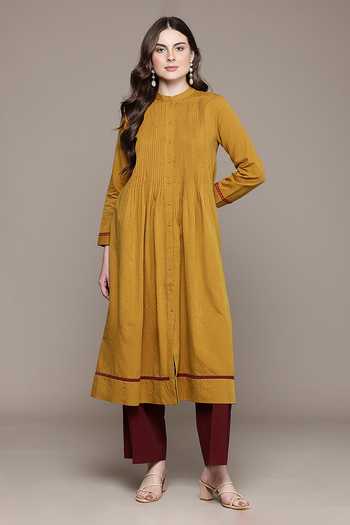 Shop_Ritu Kumar_Yellow Cotton, Viscose Band Collar Anika Solid Full Sleeves A-line Kurta _Online_at_Aza_Fashions