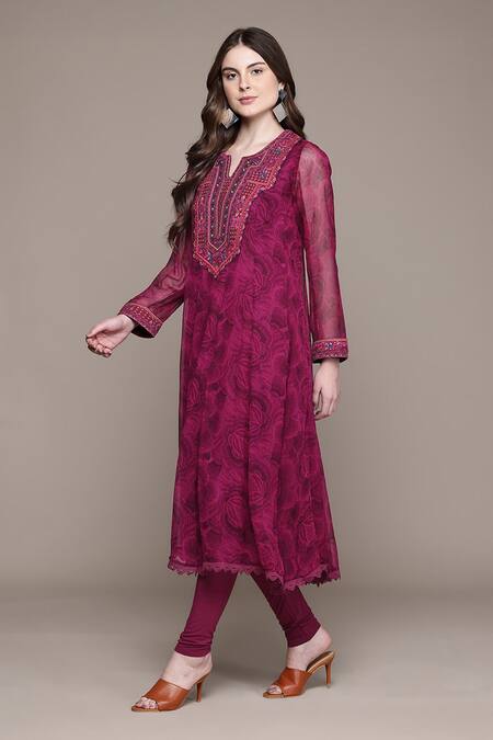 Buy_Ritu Kumar_Fuchsia Chiffon, Viscose, Lycra, Jersey Aura Floral Print Anarkali Set _Online_at_Aza_Fashions