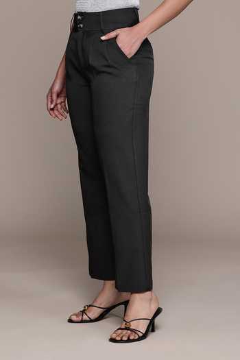Ritu Kumar_Black Polyester Straight Buckle Pant _Online_at_Aza_Fashions