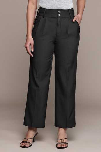 Shop_Ritu Kumar_Black Polyester Straight Buckle Pant _Online_at_Aza_Fashions