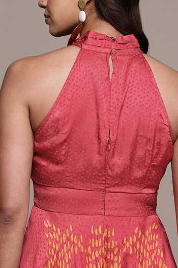 Ritu Kumar_Yellow Viscose Keyhole Neck Enola Abstract Print Fit And Flare Dress _Online_at_Aza_Fashions