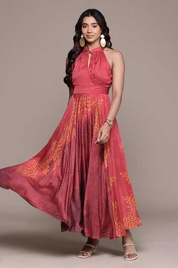 Ritu Kumar_Yellow Viscose Keyhole Neck Enola Abstract Print Fit And Flare Dress _at_Aza_Fashions