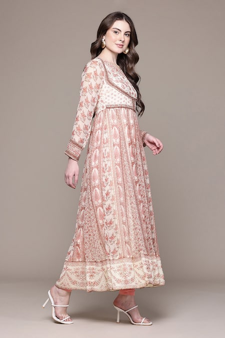 Ritu Kumar_Pink Chiffon, Viscose, Lycra, Jersey Printed Round Inayat Floral Anarkali Set _Online_at_Aza_Fashions