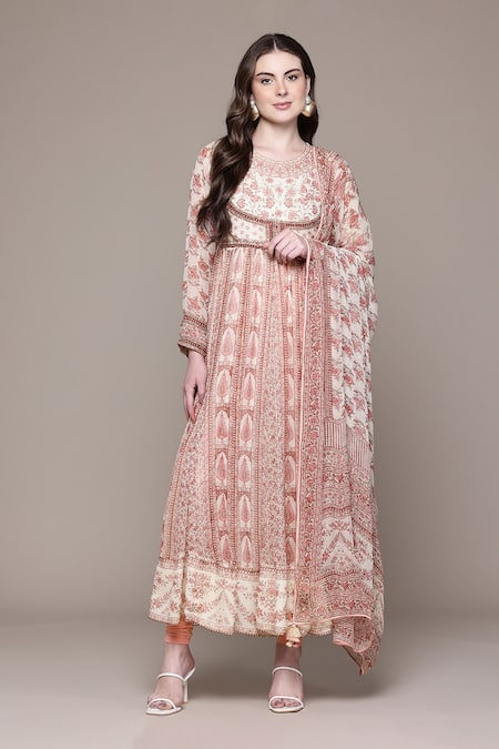 Buy_Ritu Kumar_Pink Chiffon, Viscose, Lycra, Jersey Printed Round Inayat Floral Anarkali Set _Online_at_Aza_Fashions