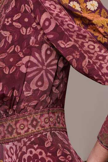 Ritu Kumar Gold Viscose V-neck Jacasta Patch Print Crepe Fit And Flare Dress Online at Aza Fashions Ritu Kumar_Gold Viscose V-neck Jacasta Patch Print Crepe Fit And Flare Dress _Online_at_Aza_Fashions