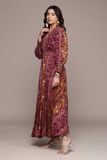 Buy Ritu Kumar Gold Viscose V-neck Jacasta Patch Print Crepe Fit And Flare Dress Online at Aza Fashions Buy_Ritu Kumar_Gold Viscose V-neck Jacasta Patch Print Crepe Fit And Flare Dress _Online_at_Aza_Fashions