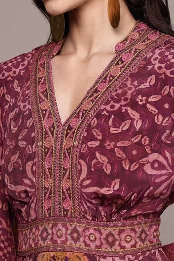 Shop Ritu Kumar Gold Viscose V-neck Jacasta Patch Print Crepe Fit And Flare Dress Online at Aza Fashions Shop_Ritu Kumar_Gold Viscose V-neck Jacasta Patch Print Crepe Fit And Flare Dress _Online_at_Aza_Fashions