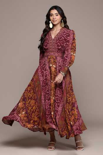 Ritu Kumar Gold Viscose V-neck Jacasta Patch Print Crepe Fit And Flare Dress at Aza Fashions Ritu Kumar_Gold Viscose V-neck Jacasta Patch Print Crepe Fit And Flare Dress _at_Aza_Fashions