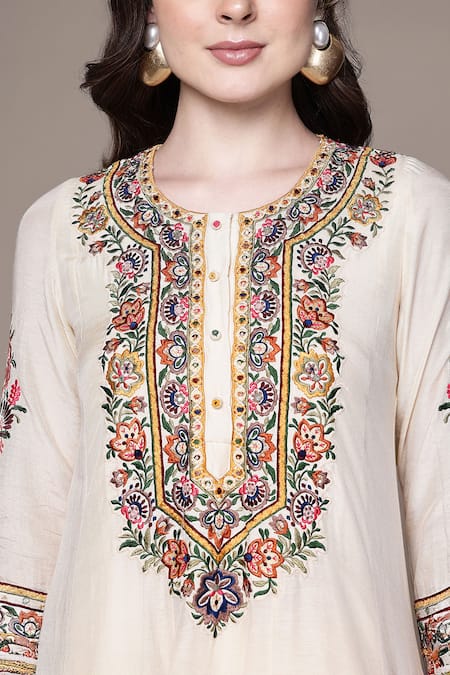 Shop_Ritu Kumar_Beige Georgette, Crepe, Chiffon, Linen, Viscose Embroidery Sasha Kurta Set