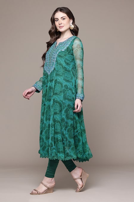 Ritu Kumar_Green Chiffon, Viscose, Lycra, Jersey Embroidery Aura Floral Print Anarkali Set_Online_at_Aza_Fashions