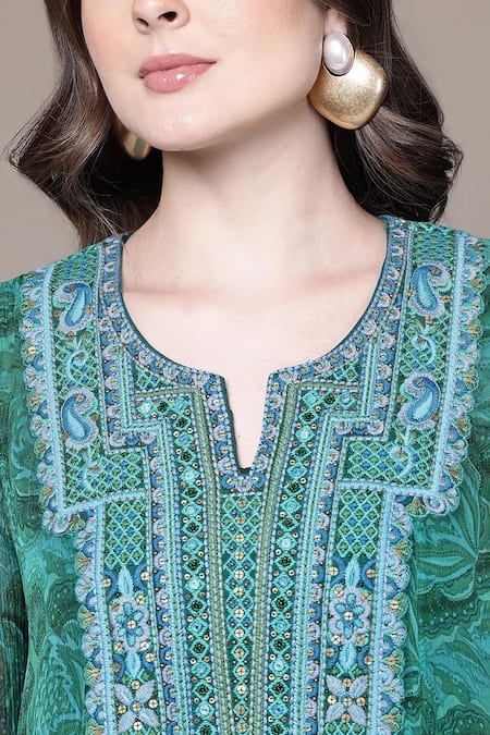 Buy_Ritu Kumar_Green Chiffon, Viscose, Lycra, Jersey Embroidery Aura Floral Print Anarkali Set