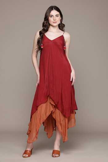 Ritu Kumar Red Viscose, Chinon V-neck Cascade Asymmetric Hem Midi Dress Online at Aza Fashions Ritu Kumar_Red Viscose, Chinon V-neck Cascade Asymmetric Hem Midi Dress _Online_at_Aza_Fashions