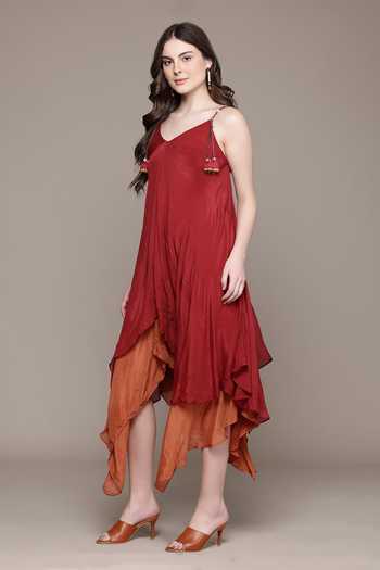 Buy Ritu Kumar Red Viscose, Chinon V-neck Cascade Asymmetric Hem Midi Dress Online at Aza Fashions Buy_Ritu Kumar_Red Viscose, Chinon V-neck Cascade Asymmetric Hem Midi Dress _Online_at_Aza_Fashions