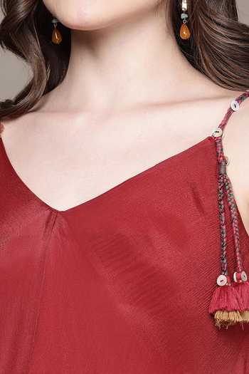 Shop Ritu Kumar Red Viscose, Chinon V-neck Cascade Asymmetric Hem Midi Dress Online at Aza Fashions Shop_Ritu Kumar_Red Viscose, Chinon V-neck Cascade Asymmetric Hem Midi Dress _Online_at_Aza_Fashions