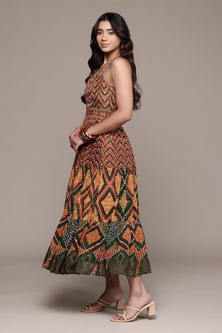 Ritu Kumar_Green Viscose, Chinon Square Neck Ezraiah Abstract Print Dress _Online_at_Aza_Fashions