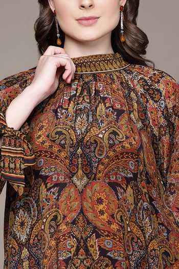 Ritu Kumar_Brown Crepe, Viscose Crew Neck Paisley Print Dress _Online_at_Aza_Fashions