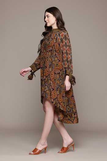 Buy_Ritu Kumar_Brown Crepe, Viscose Crew Neck Paisley Print Dress _Online_at_Aza_Fashions